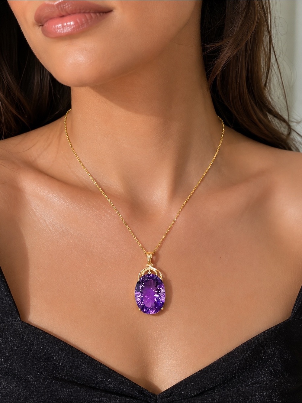 Amethyst Purple Oval Crystal Pendant Necklace 18K Gold Plated Zircon Statement
